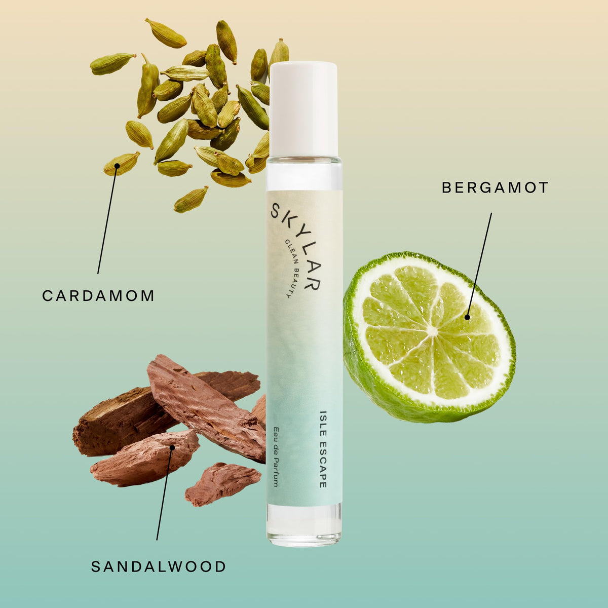 Skylar Isle Escape bottle cap close-up highlighting vegan perfume with gentle ingredients.