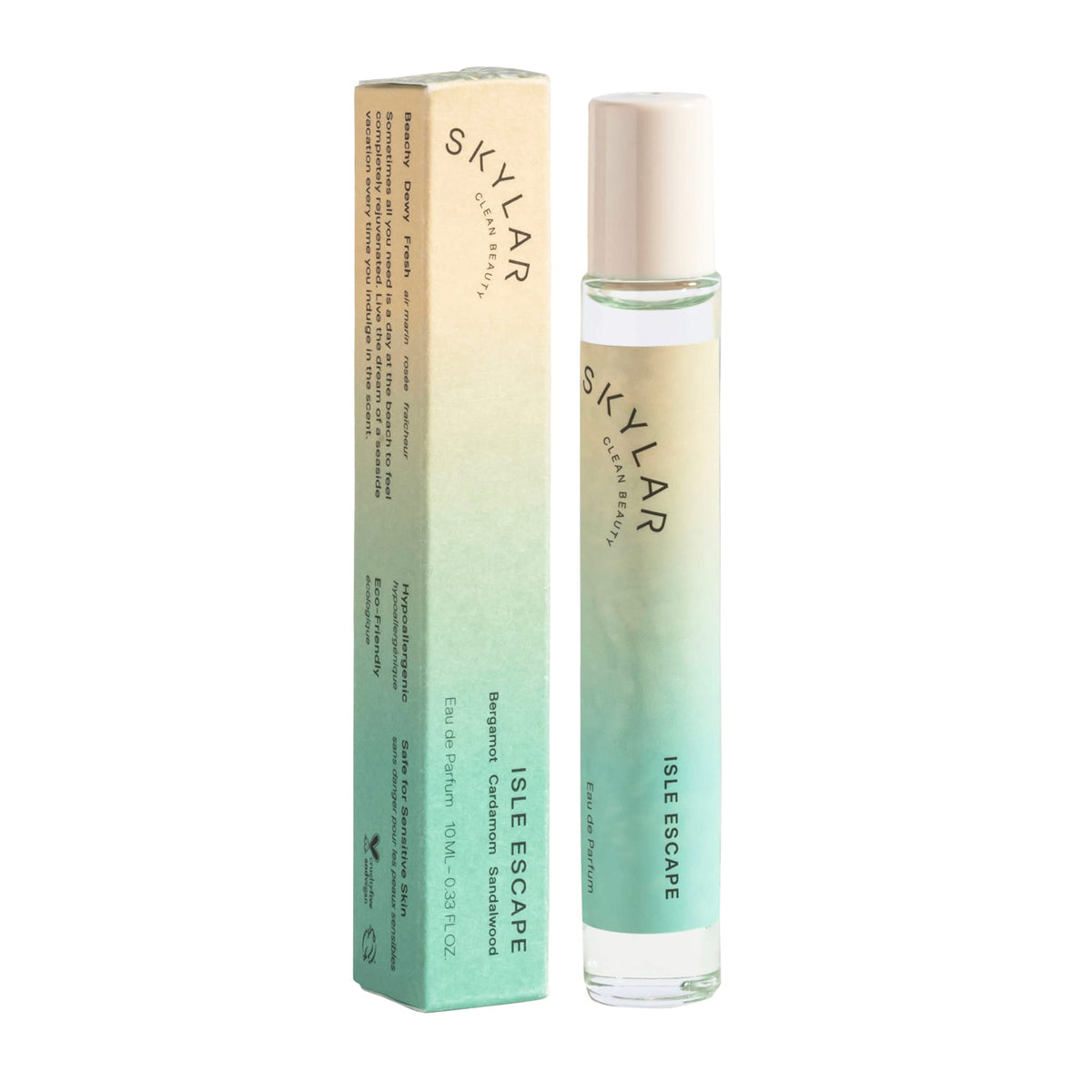 Skylar Isle Escape bottle front view, clean hypoallergenic fragrance for sensitive skin.