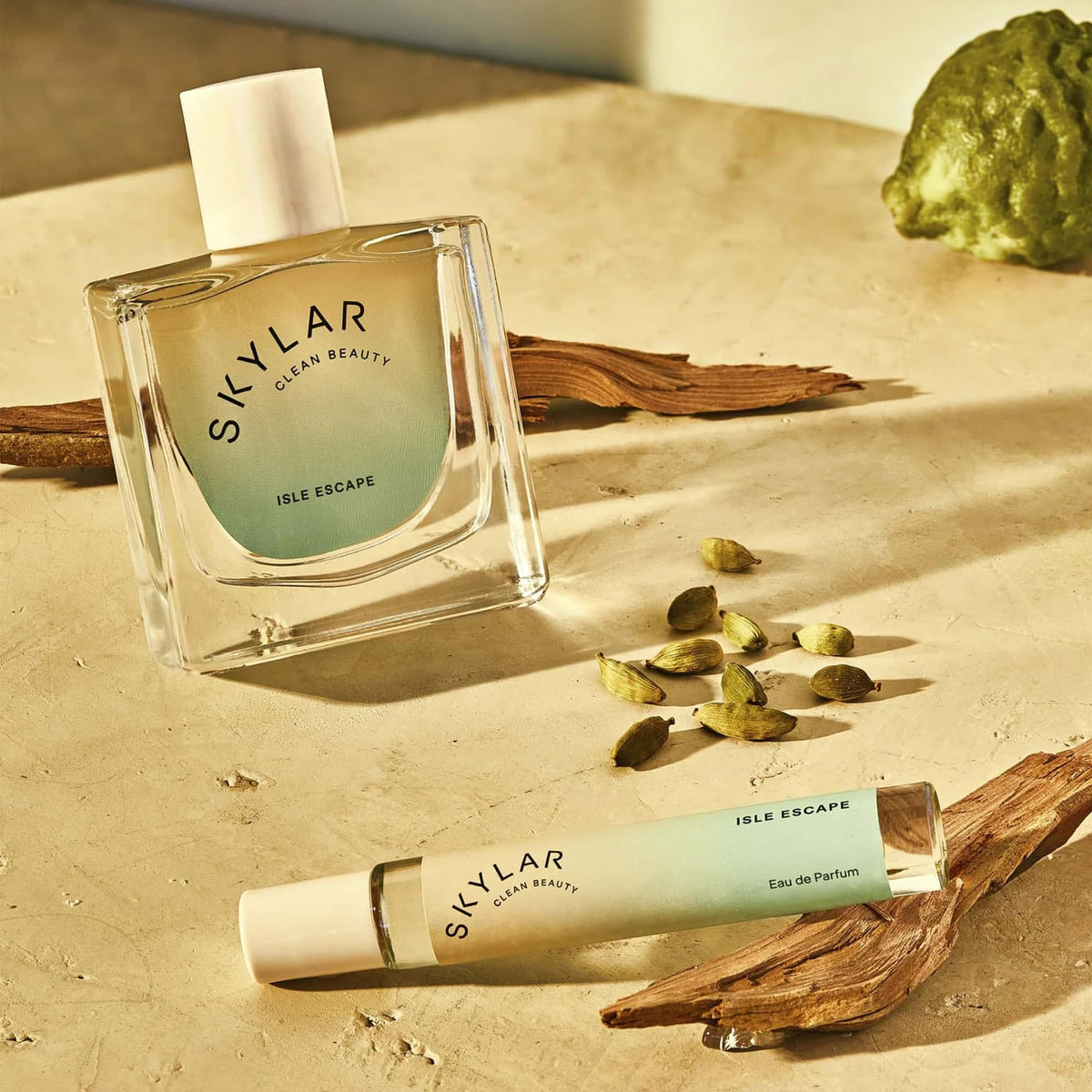 Skylar Isle Escape packaging box shot emphasizing ethical beauty and responsible standards.