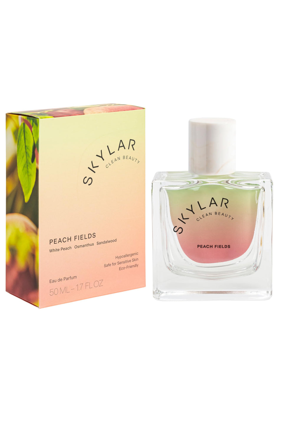Skylar Peach Fields bottle front highlights a fresh fruity fragrance for everyday wear
