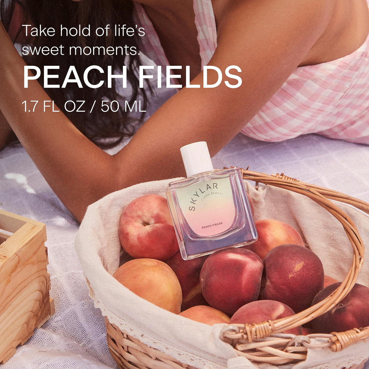 Skylar Peach Fields cap closeup emphasizes premium packaging and clean beauty values