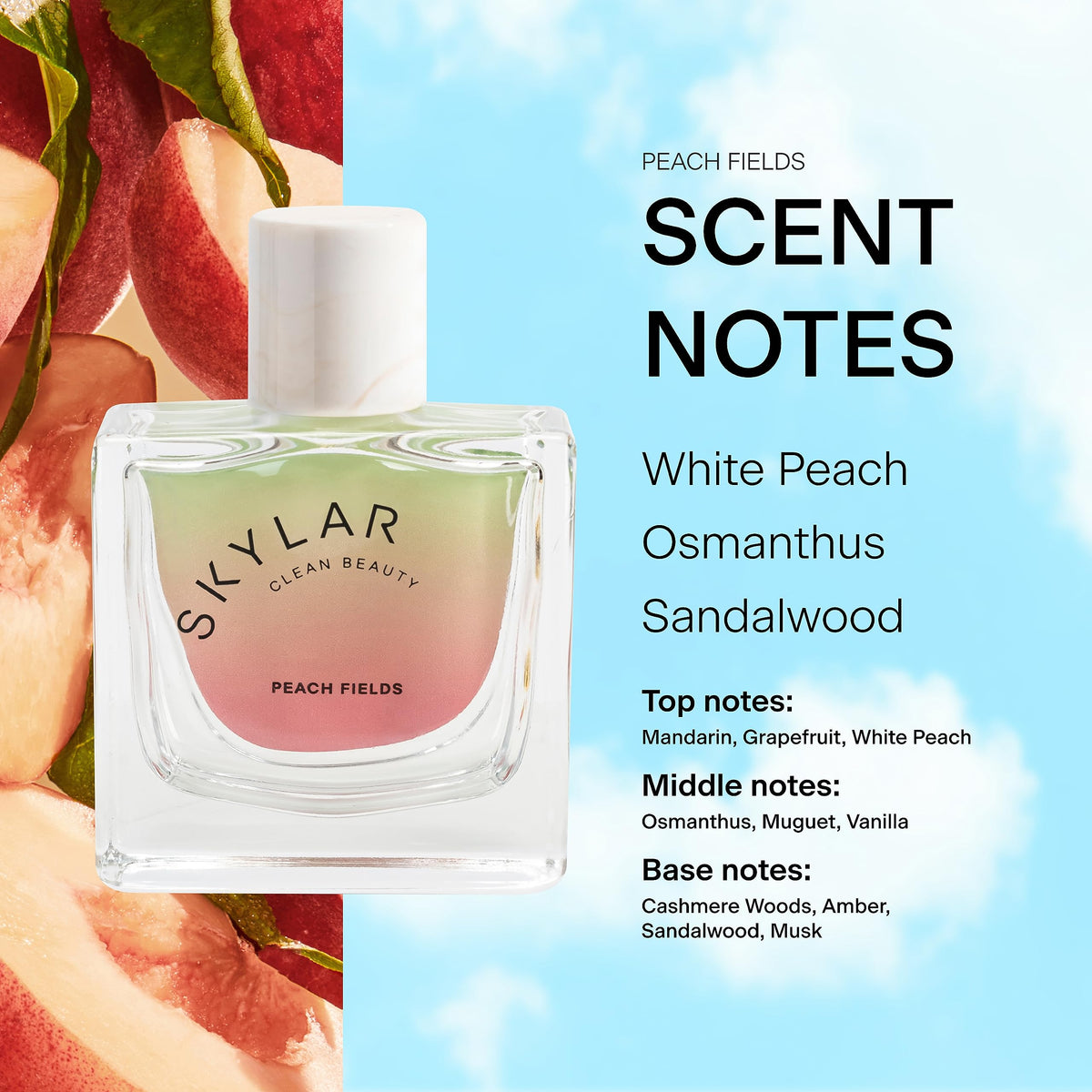 Skylar Peach Fields swirl texture hints at a luminous, fruity-woody blend
