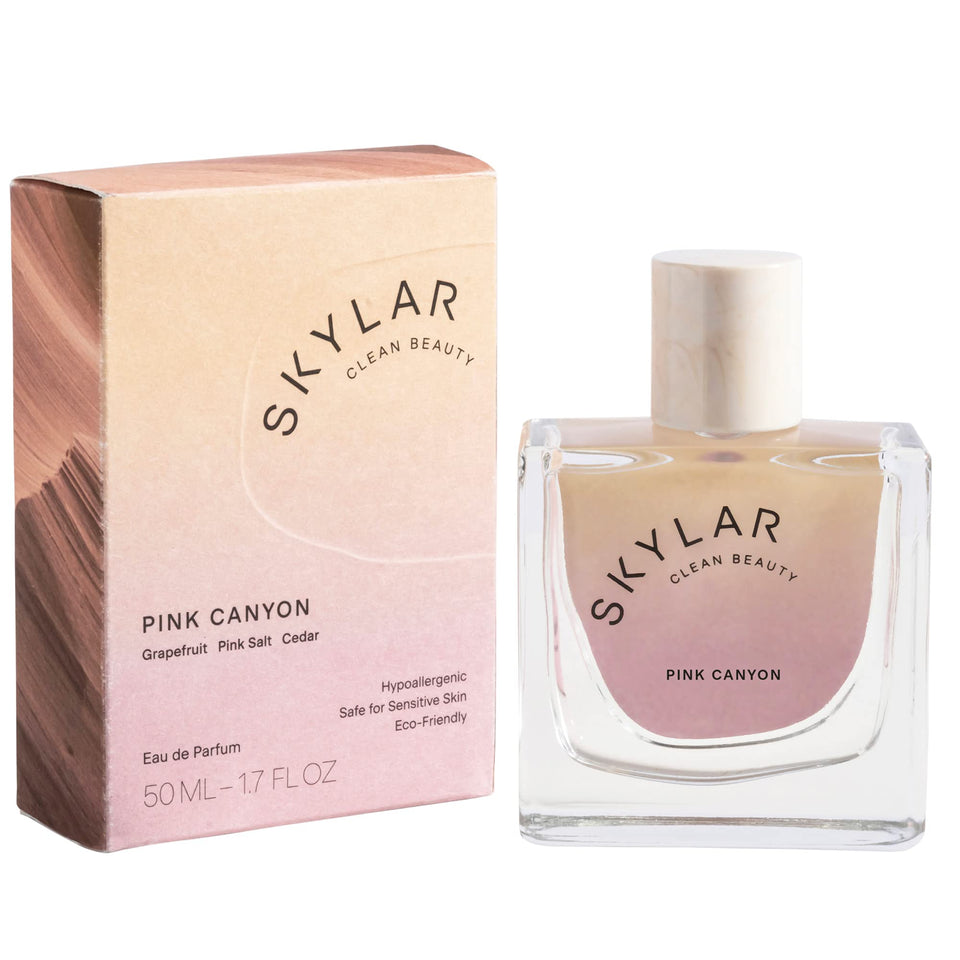 Skylar Pink Canyon bottle close-up, sleek design for daily wear