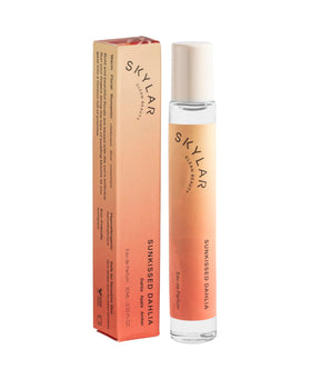 Skylar Sunkissed Dahlia bottle-front-view, clean hypoallergenic perfume for sensitive skin