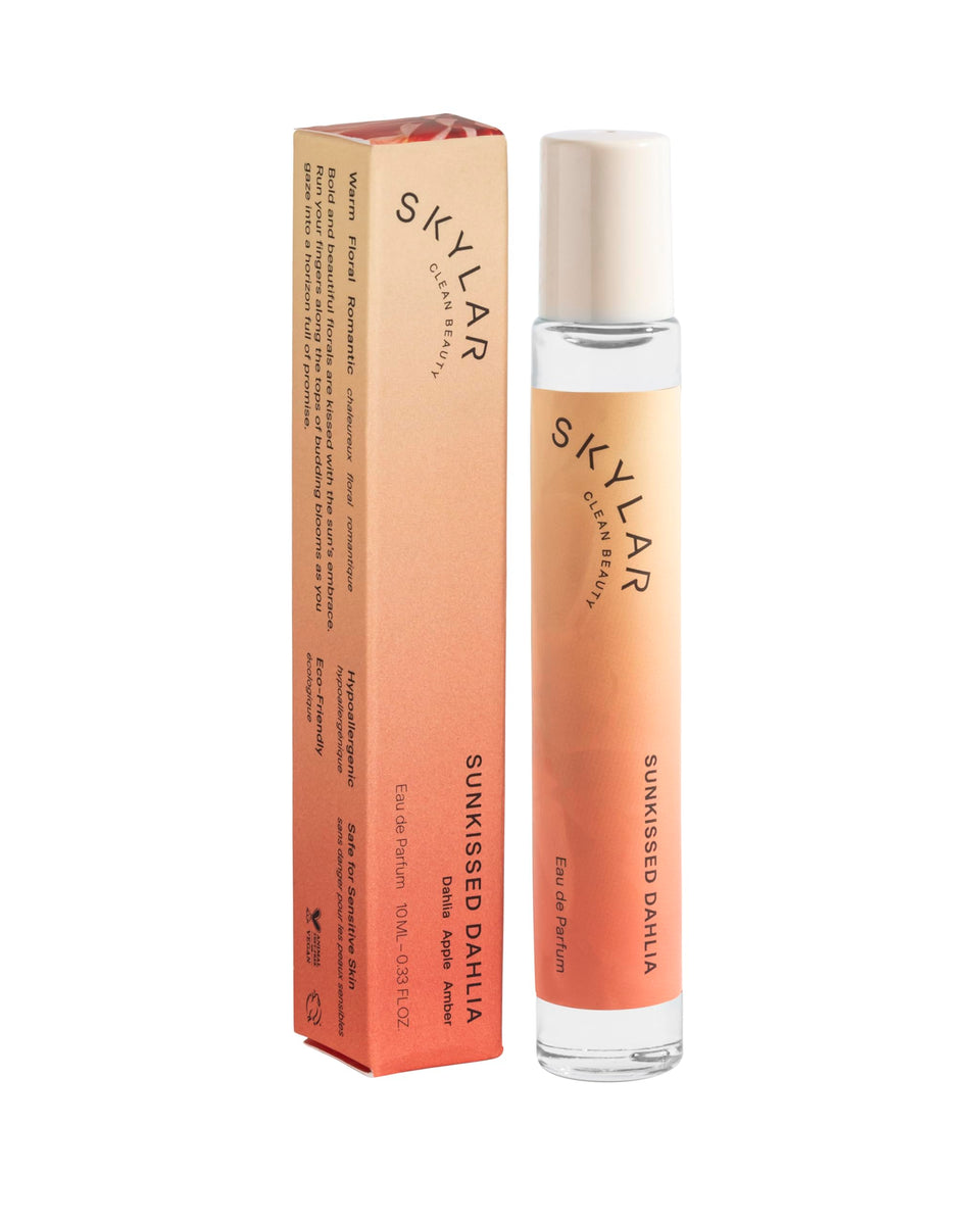Skylar Sunkissed Dahlia bottle-front-view, clean hypoallergenic perfume for sensitive skin