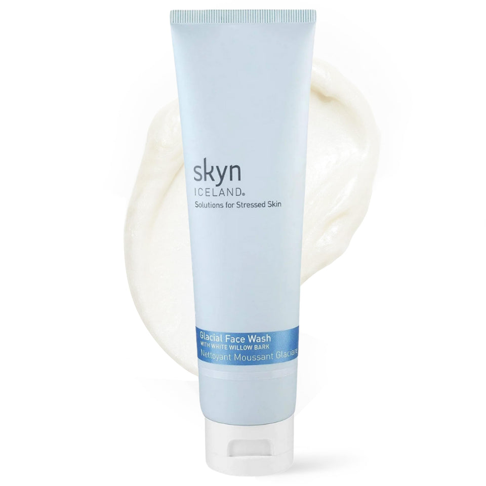 Skyn ICELAND Glacial Face Wash bottle showing creamy foam for daily cleansing.