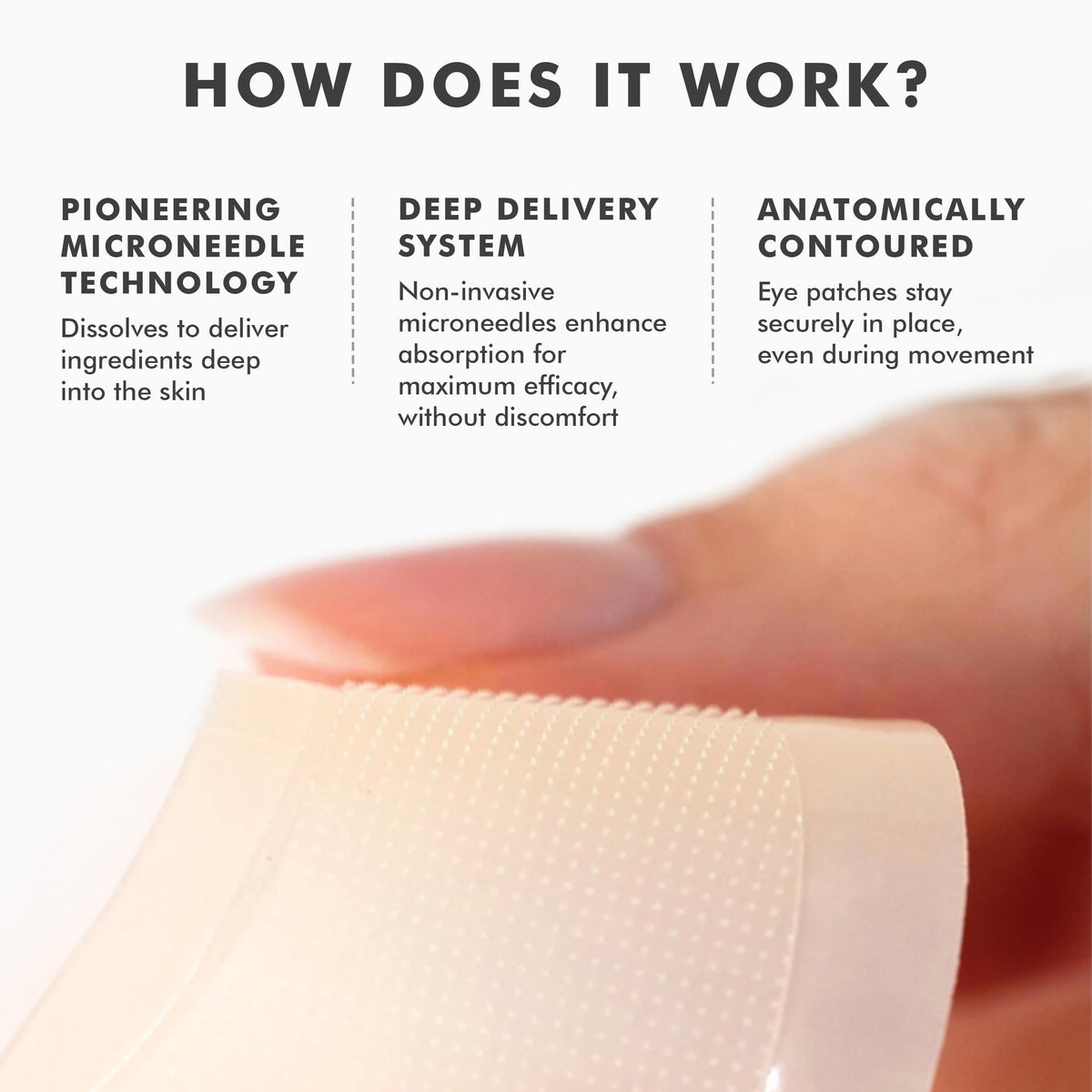 Close-up of microneedles dissolving on skin for topical delivery