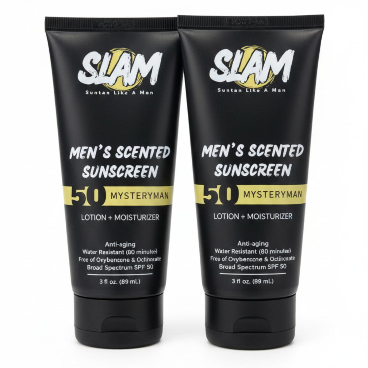 Slam Lotion MysteryMan Sunscreen bottle front showing SPF 50 protection for men