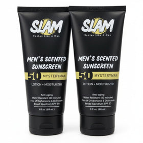 Slam Lotion MysteryMan Sunscreen bottle front showing SPF 50 protection for men