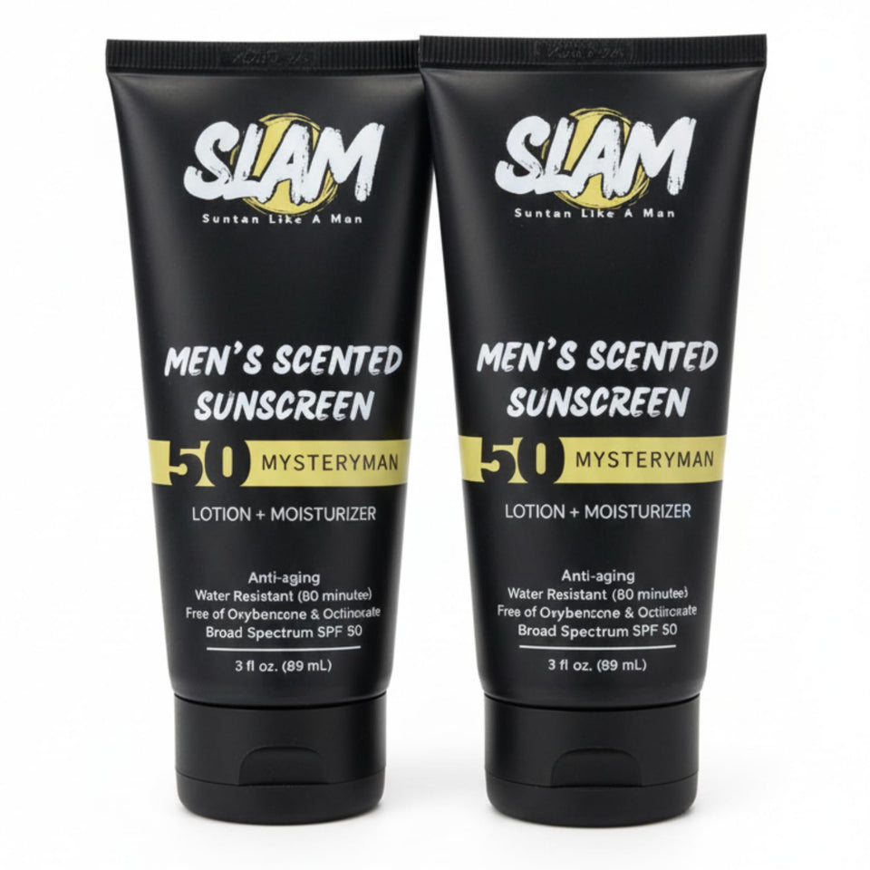 Slam Lotion MysteryMan Sunscreen bottle front showing SPF 50 protection for men