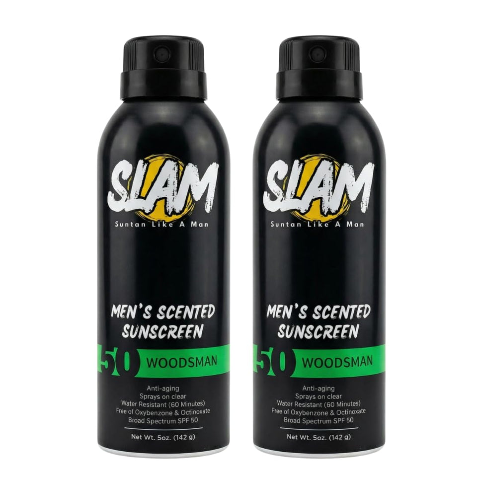 Slam Men’s Sunscreen spray bottle offering broad protection and cologne scent.