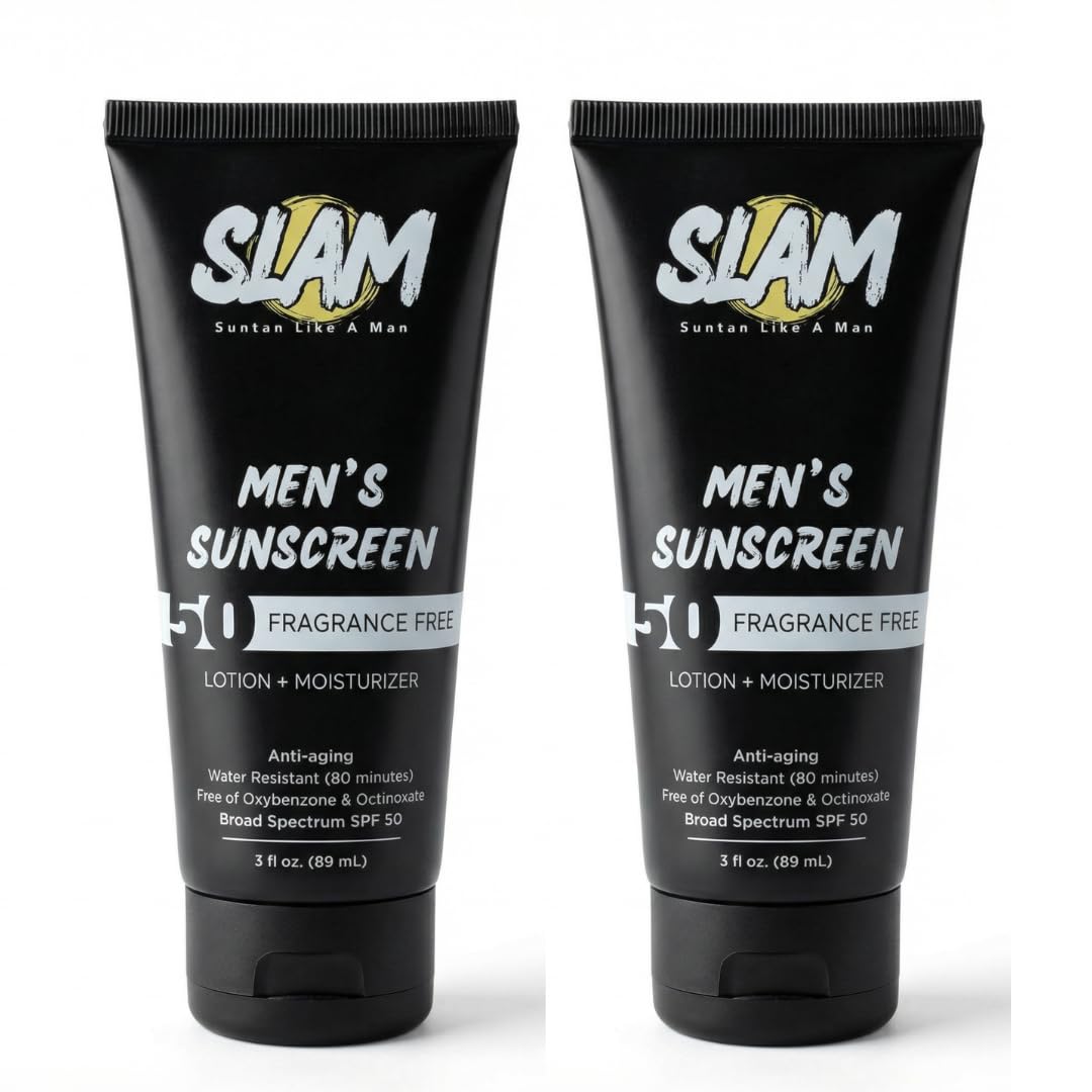 SLAM Sunscreen bottle for men with SPF 50, fragrance-free.