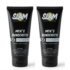 SLAM Sunscreen bottle for men with SPF 50, fragrance-free.