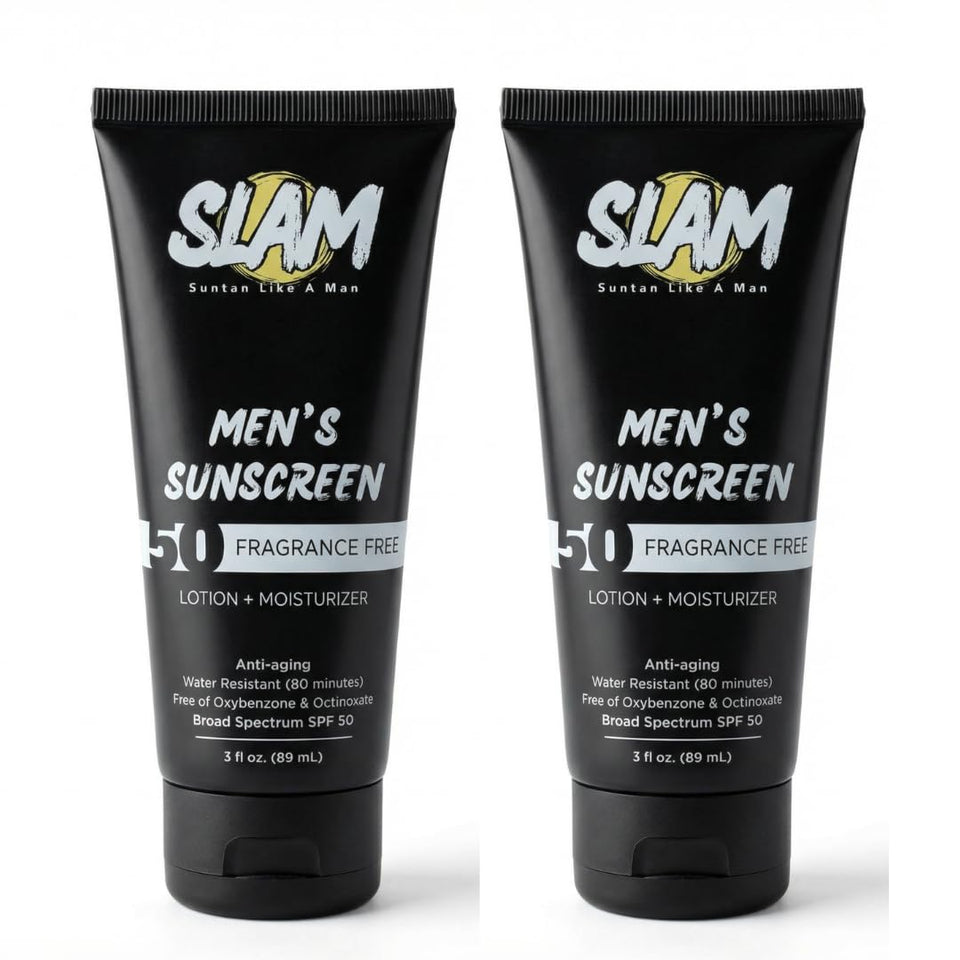 SLAM Sunscreen bottle for men with SPF 50, fragrance-free.