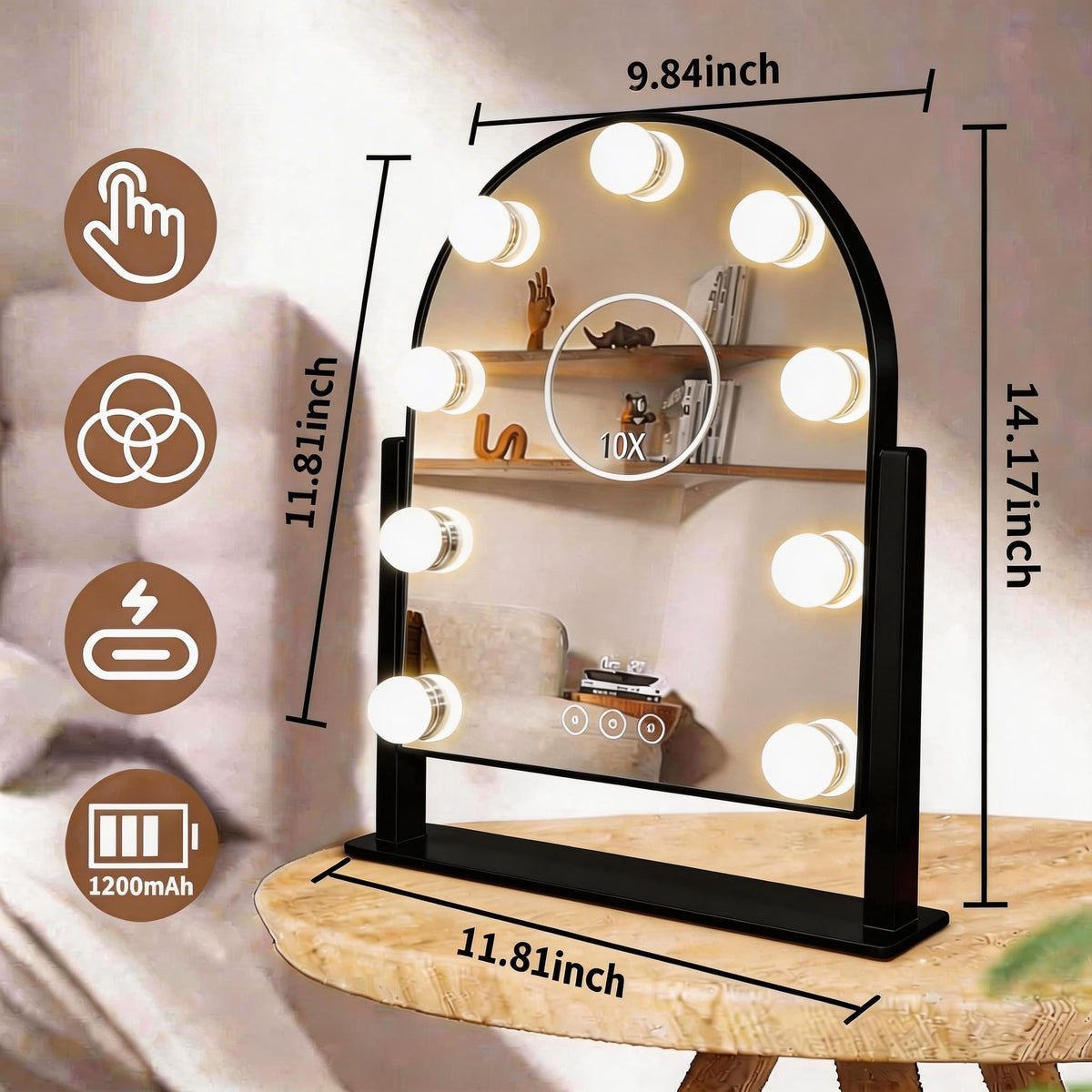 SLIMOON vanity mirror with 10X magnification for detailed makeup.