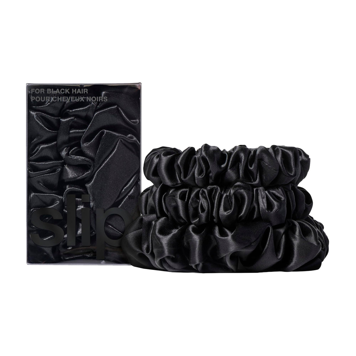 SLIP Back to Basics black midi scrunchie pair on display, smooth silk for gentle hold.