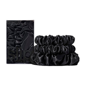 SLIP Back to Basics black midi scrunchie pair on display, smooth silk for gentle hold.