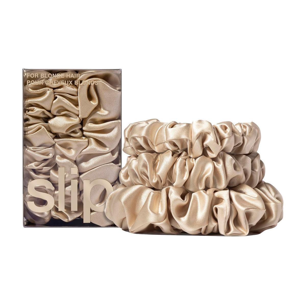 SLIP Back to Basics Blonde Midi Scrunchie closeup showing silky texture for gentle hair care.
