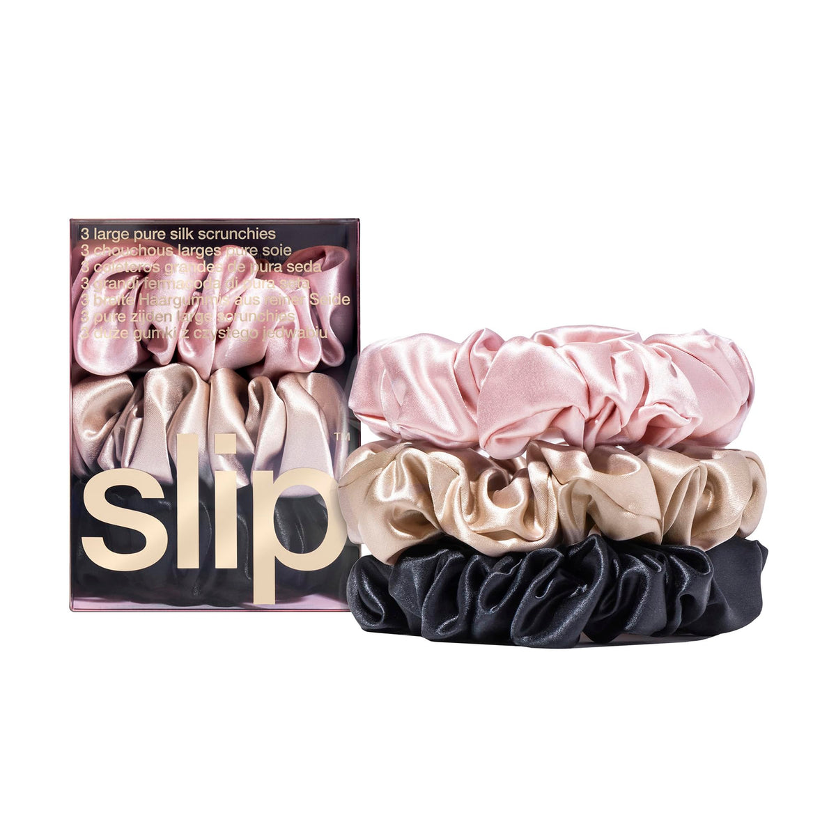 SLIP large silk scrunchie in pink for gentle hold and reduced breakage.