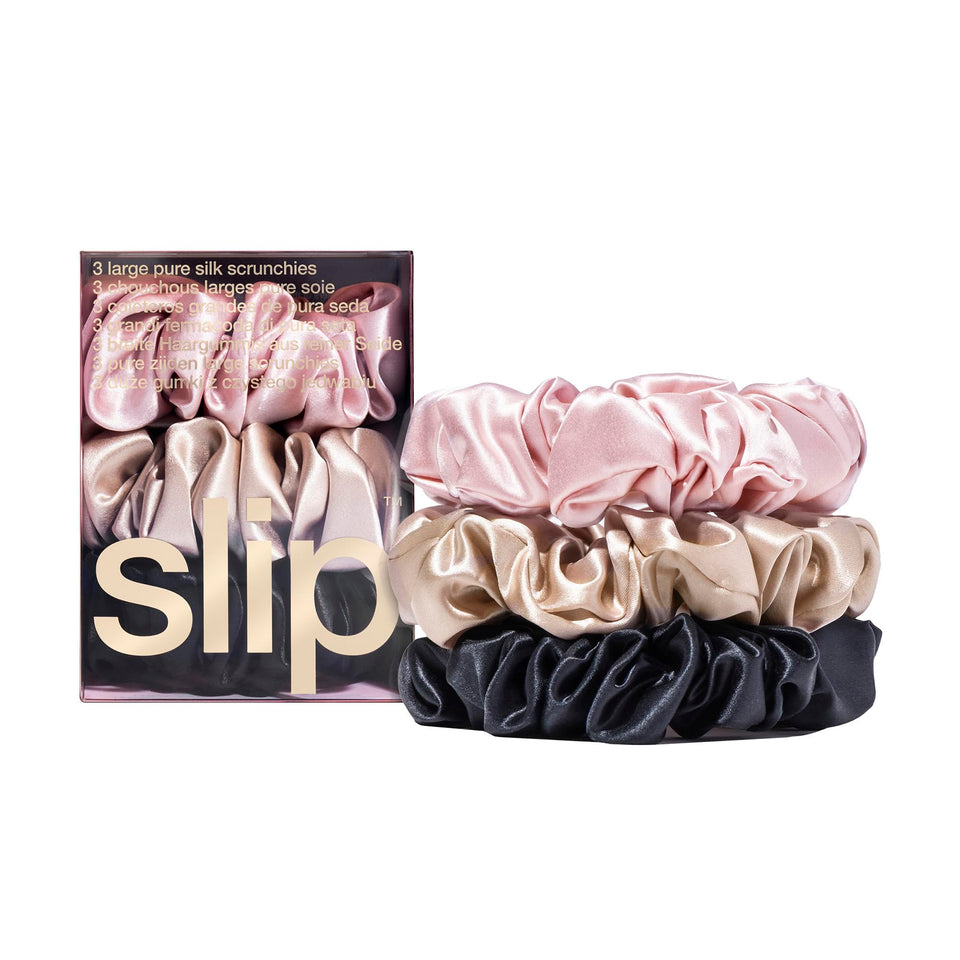 SLIP large silk scrunchie in pink for gentle hold and reduced breakage.