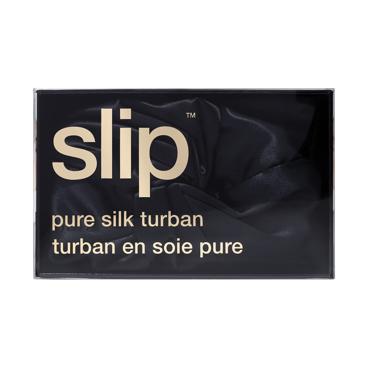 SLIP Pure Silk Turban Black luxury presentation and craftsmanship in packaging.