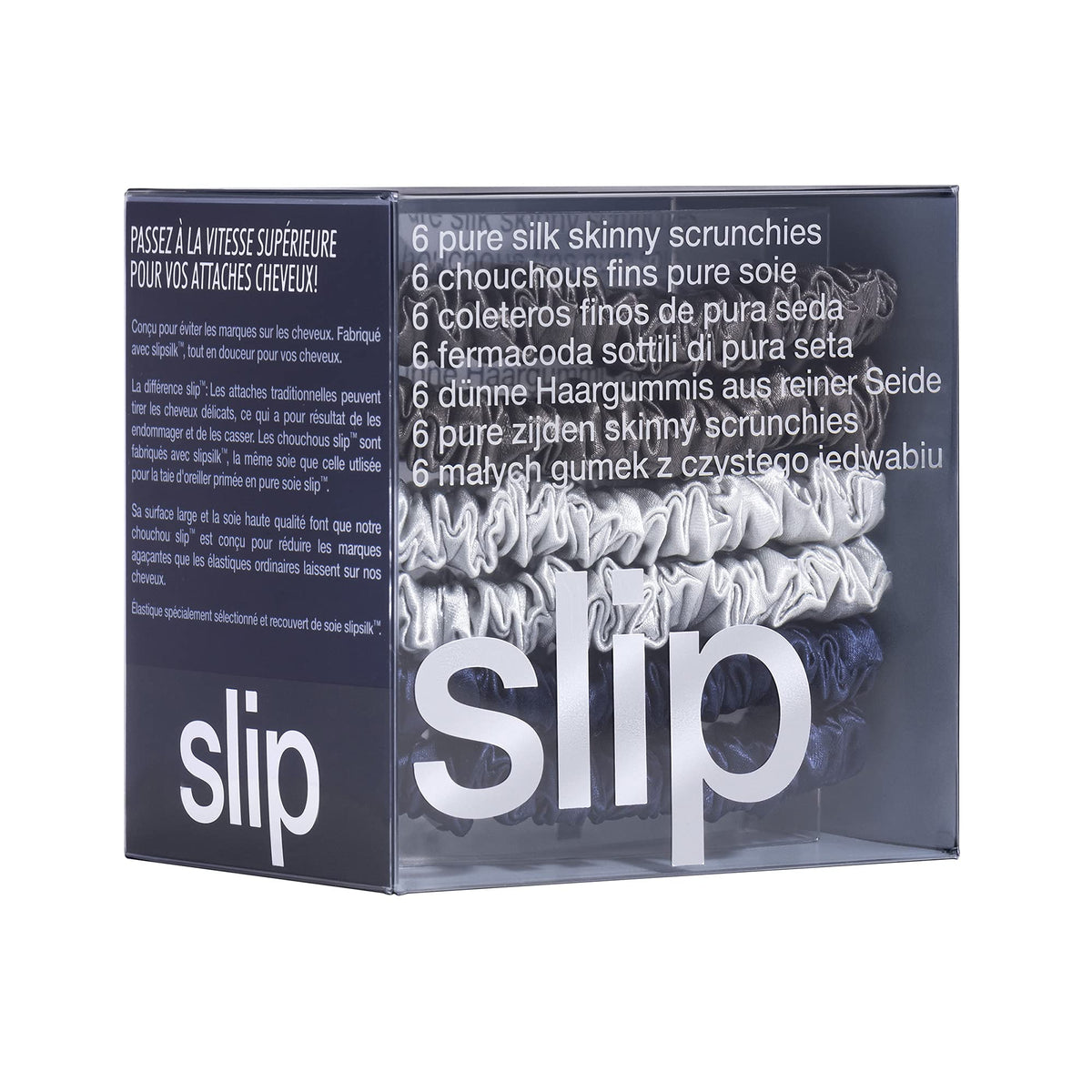 Slip Skinnies Midnight collection flatlay: showcases the six slender silk scrunchies in rich color.
