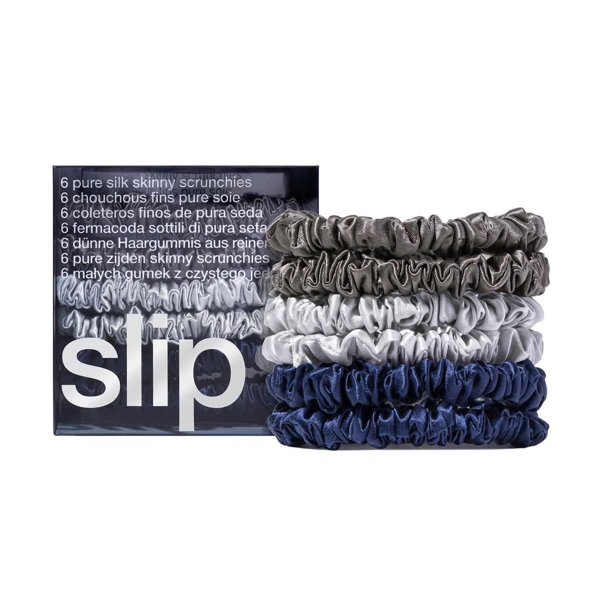 Slip Skinnies Midnight packaging: elegant silk scrunchies presented for refined hair care and gifting.