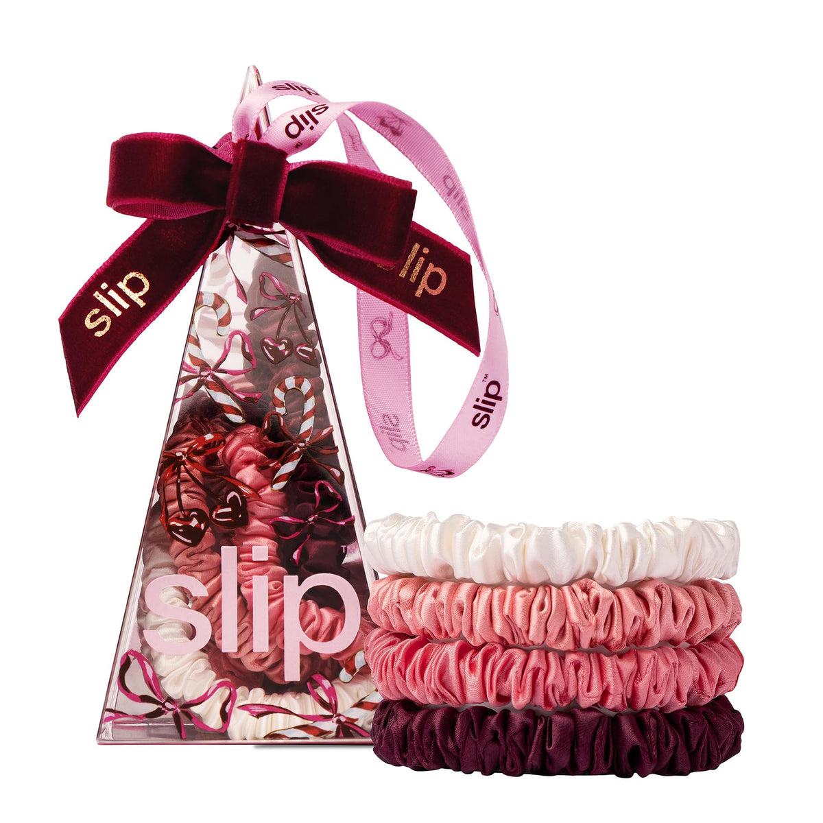 SLIP Skinny Scrunchies in crimson with candy cane ornament packaging for gentle all-day wear