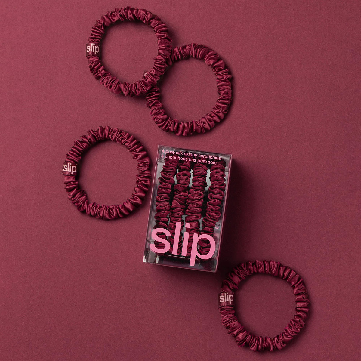 SLIP Skinny Scrunchies maroon hair-showcase demonstrates gentle, non-damaging hold for fine hair.
