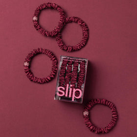 SLIP Skinny Scrunchies maroon hair-showcase demonstrates gentle, non-damaging hold for fine hair.