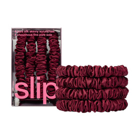SLIP Skinny Scrunchies maroon pack-4 shows silky sheen and gentle hold for delicate hair.