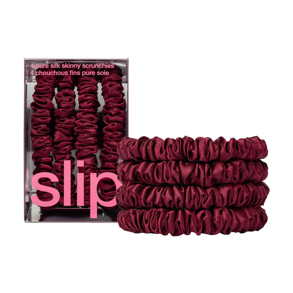 SLIP Skinny Scrunchies maroon pack-4 shows silky sheen and gentle hold for delicate hair.