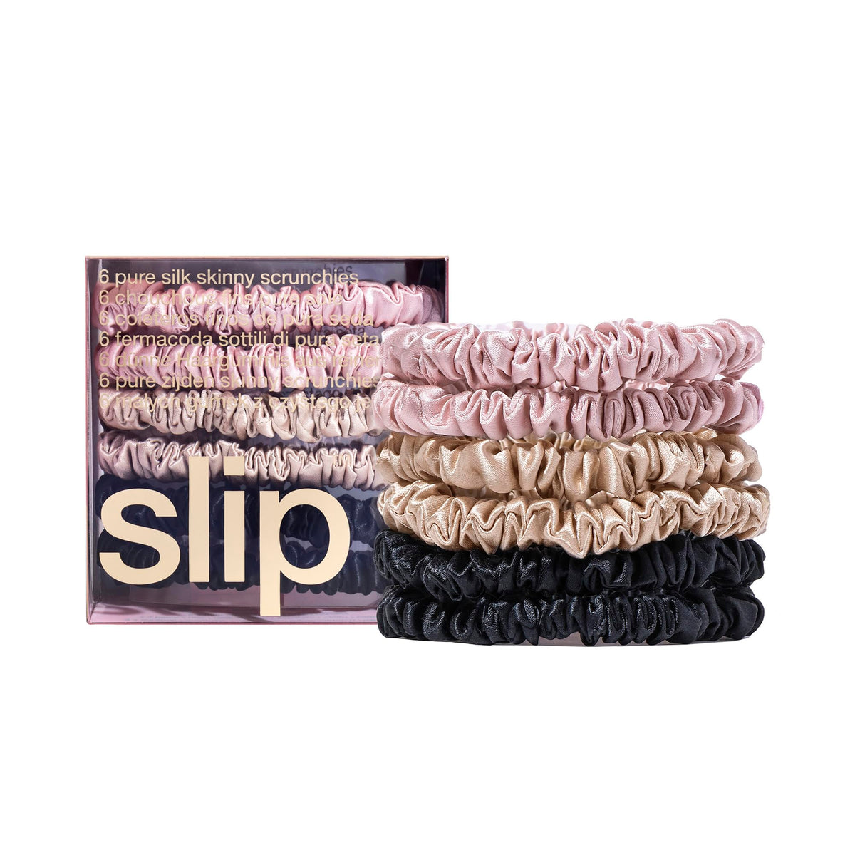 SLIP Skinny Scrunchies Multi pink pack for versatile styling and gentle hair protection.