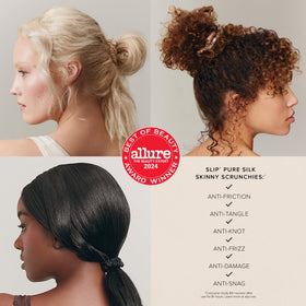SLIP Skinny Scrunchies Multi pink wear shows smooth silk for crease-free ponytails.