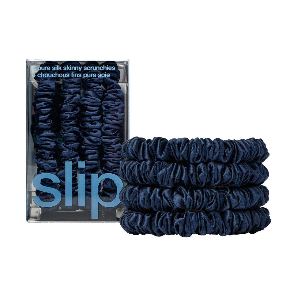 SLIP Skinny Scrunchies navy pack in slipsilk fabric for gentle hold and crease prevention.