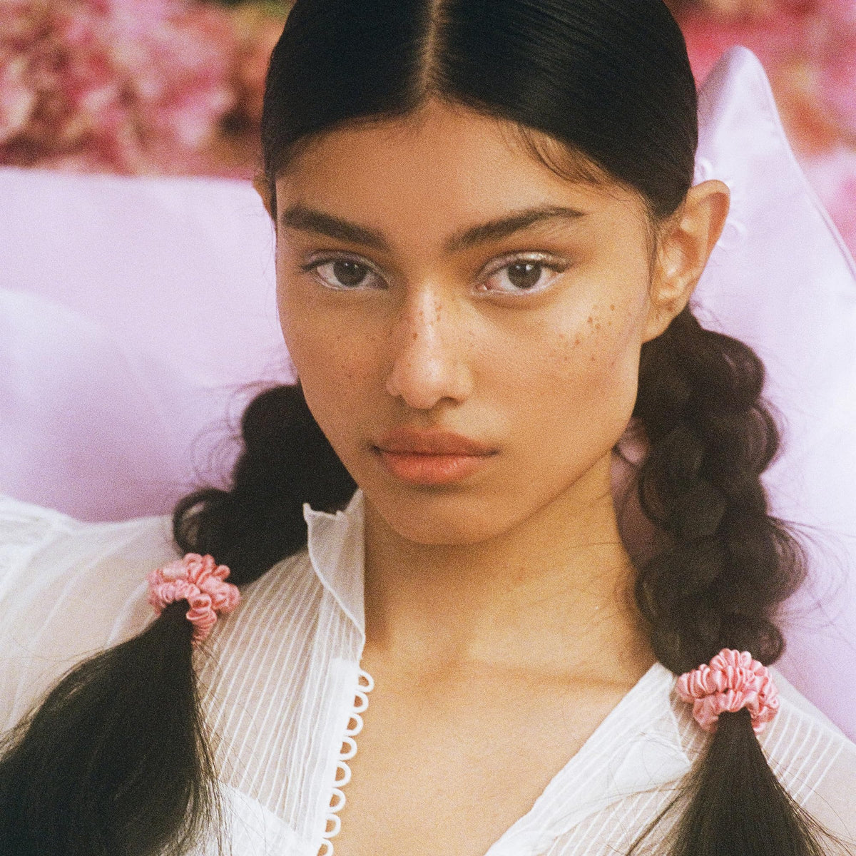 Rose Scrunchie worn in a casual ponytail with no crease