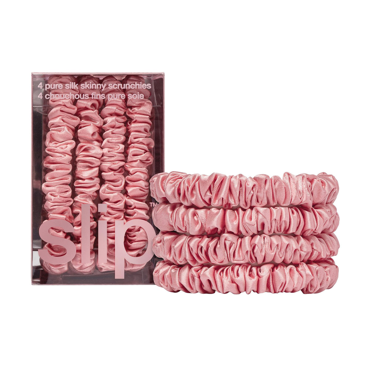 SLIP Skinny Scrunchies Rose pack four with slipsilk for gentle hold