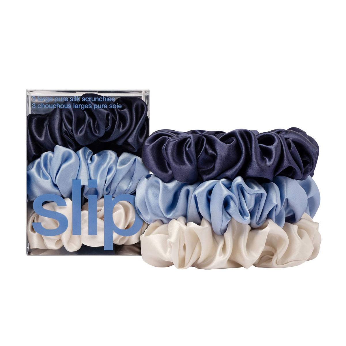 SLIP Skye cornflower silk scrunchie with gentle crease-free hold.