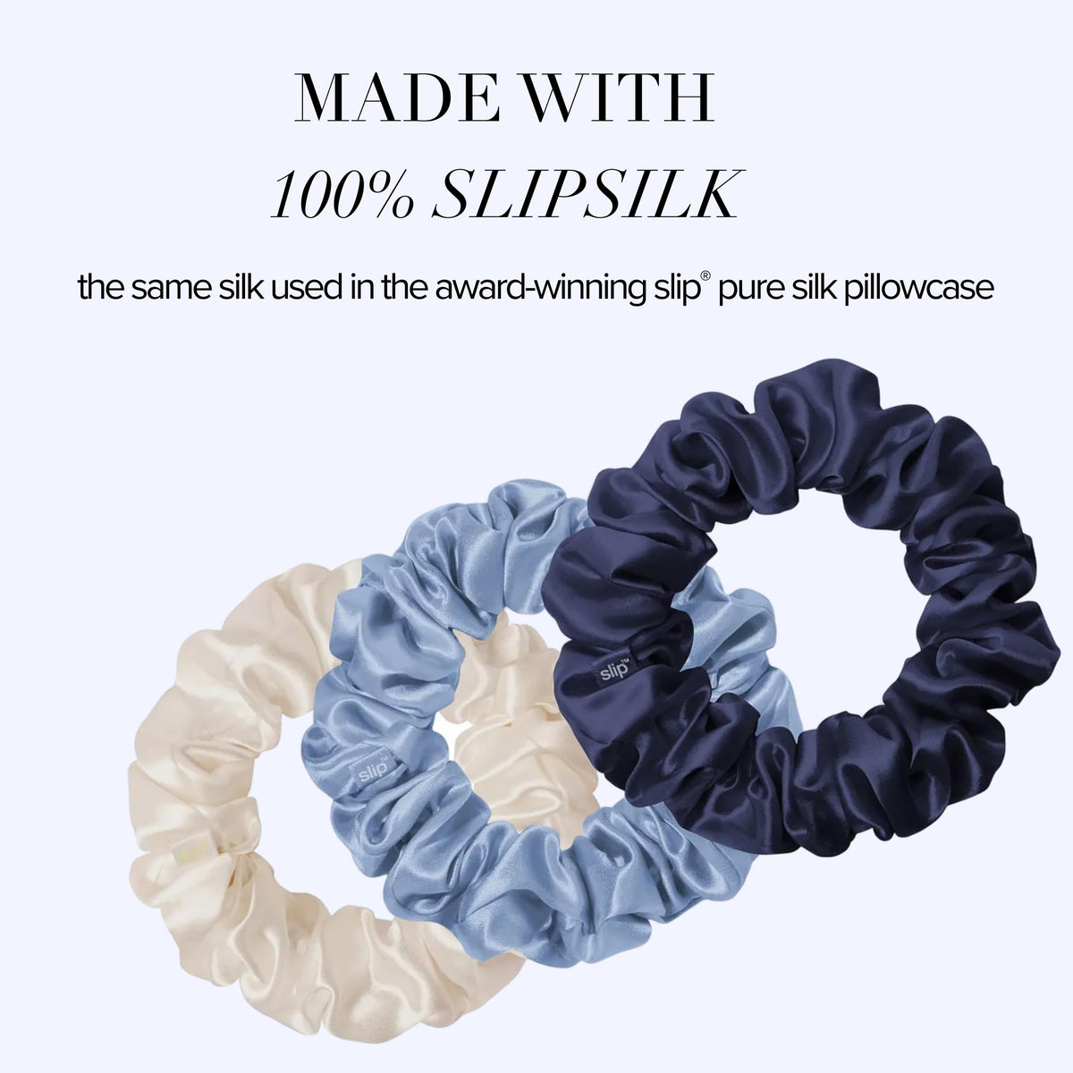 SLIP Skye indigo silk scrunchie adds soft shine and care.