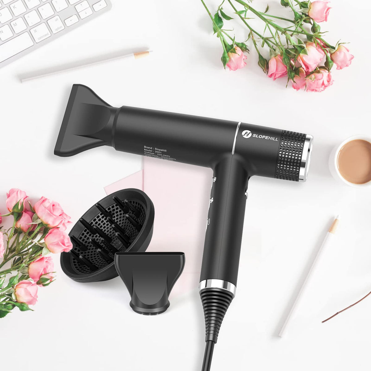 Slopehill hair dryer in use, showcasing ergonomic design for styling