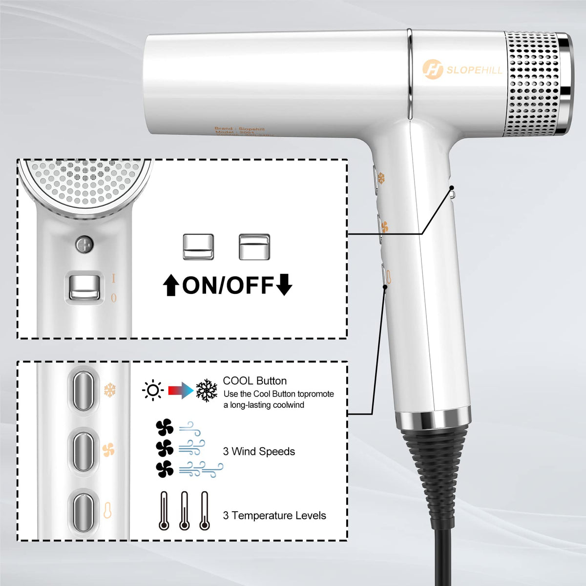 Slopehill hair dryer with Oxy Active Technology enhances air performance at the nozzle