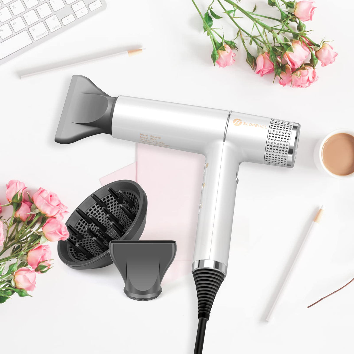 Slopehill hair dryer white finish adds sleek, modern styling to any space