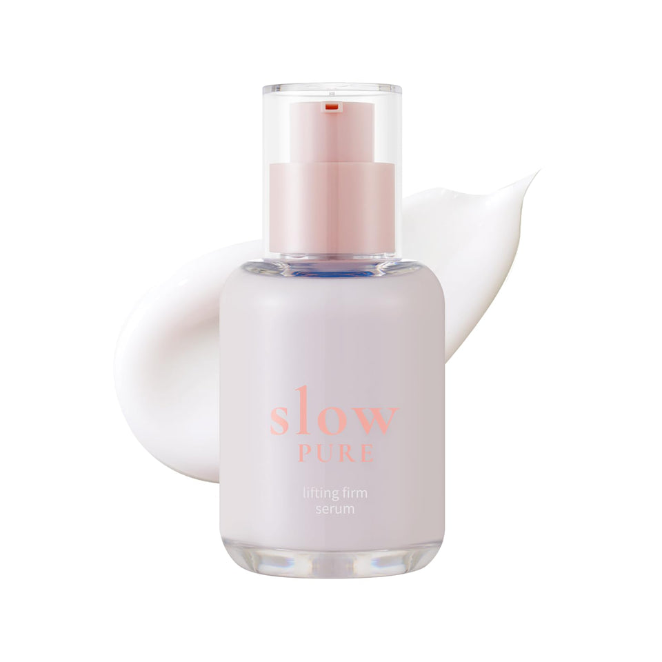 slowPURE lifting serum bottle front with milky formula for daily anti-aging prep