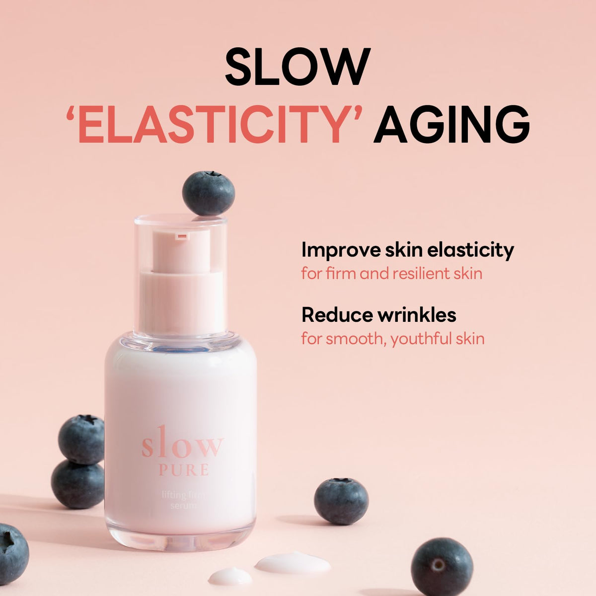 slowPURE lifting serum bottle side label highlighting chamomile and peptide ingredients for calm radiance