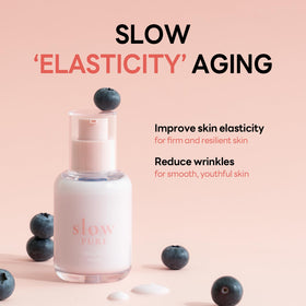 slowPURE lifting serum bottle side label highlighting chamomile and peptide ingredients for calm radiance