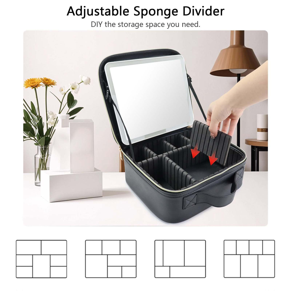 Adjustable six-size dividers in SLUMAZI makeup bag organize cosmetics securely