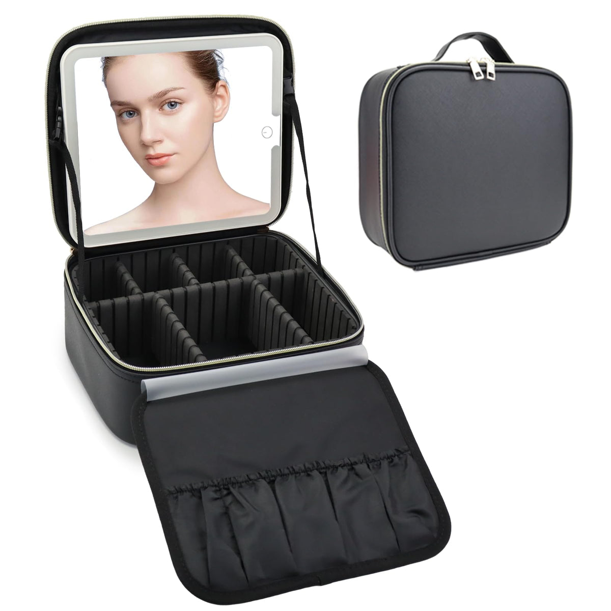 SLUMAZI travel makeup bag with LED mirror offering portable lighting for on-the-go makeup