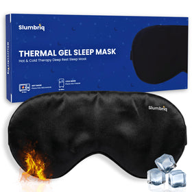 Slumbriq cooling eye mask in case offers portable relief for restful travel.