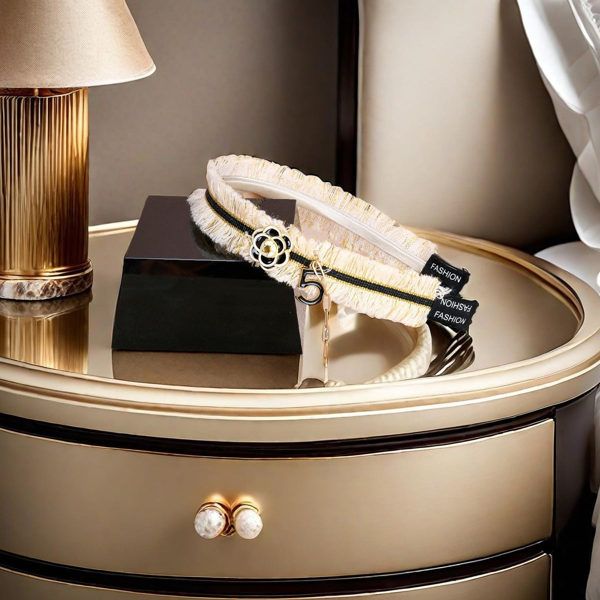 Sluxa Pearl Hairband worn on head adds subtle sparkle to party attire