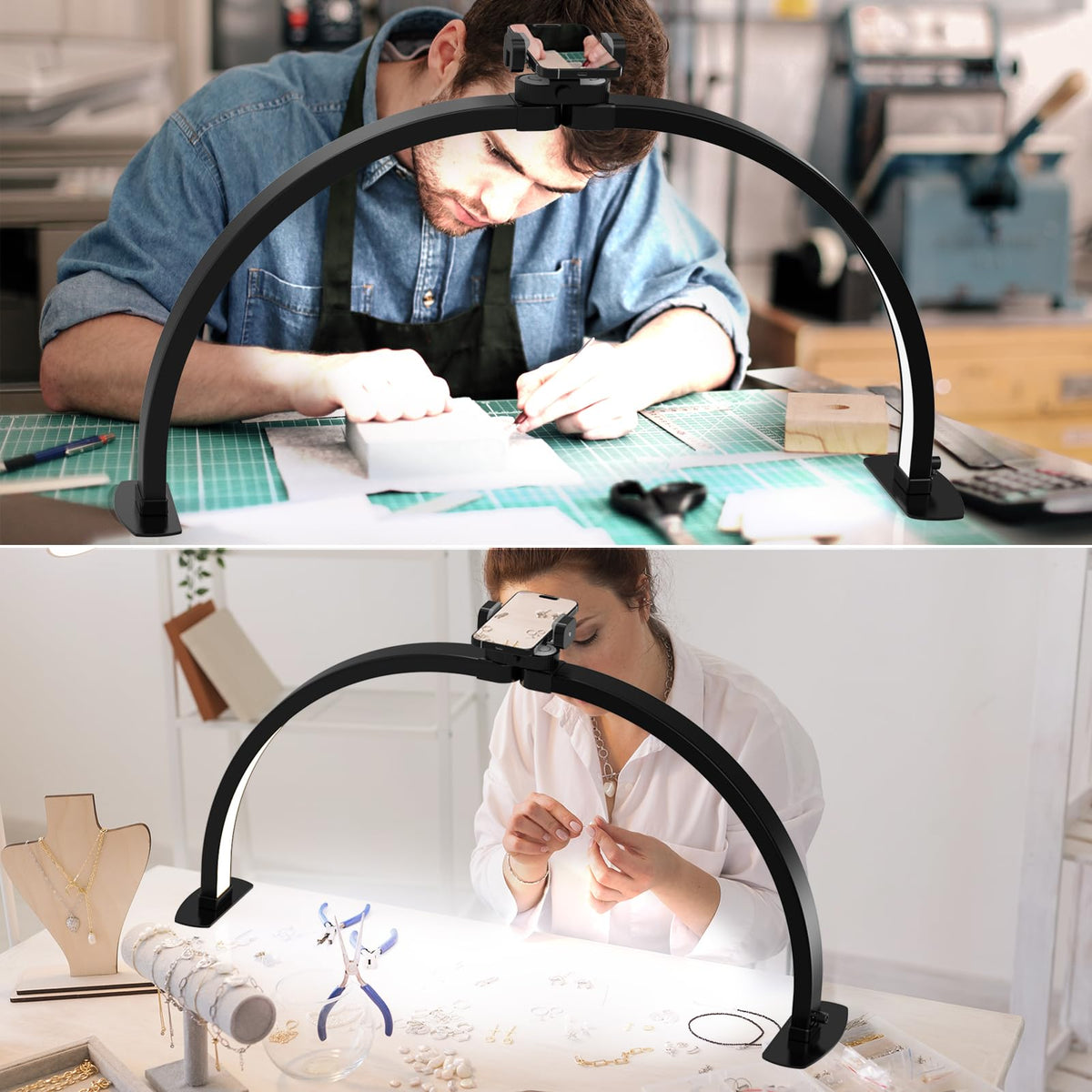 SLYFTE nail desk light with built-in phone holder for tutorials and multitasking.